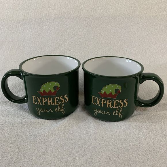 Express Your Elf Mug Green Ceramic Coffee Tea Cocoa Large 2 Pc Set Santa Helper - Picture 5 of 13